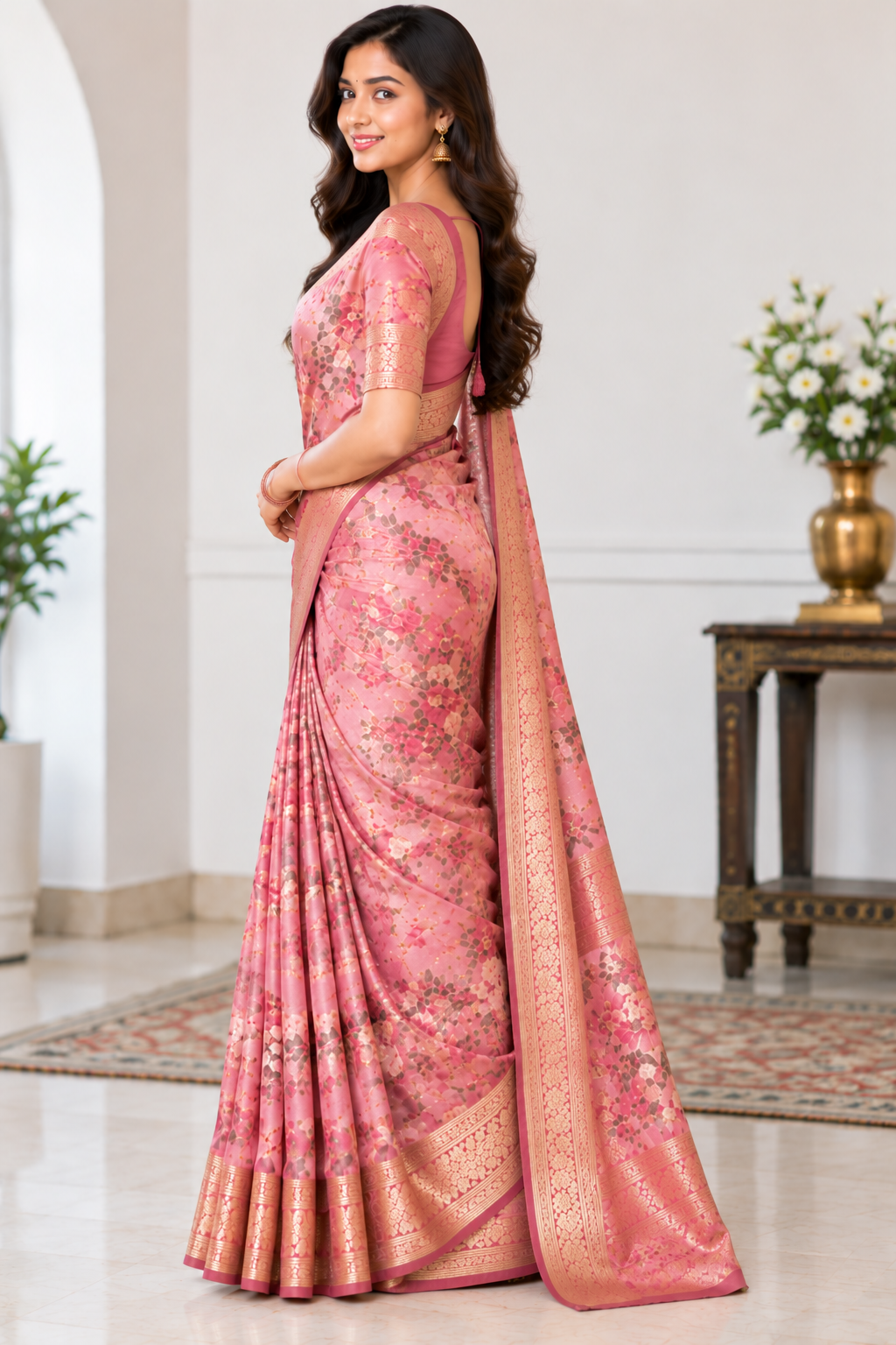 Elegant Woman in Pink Floral Saree