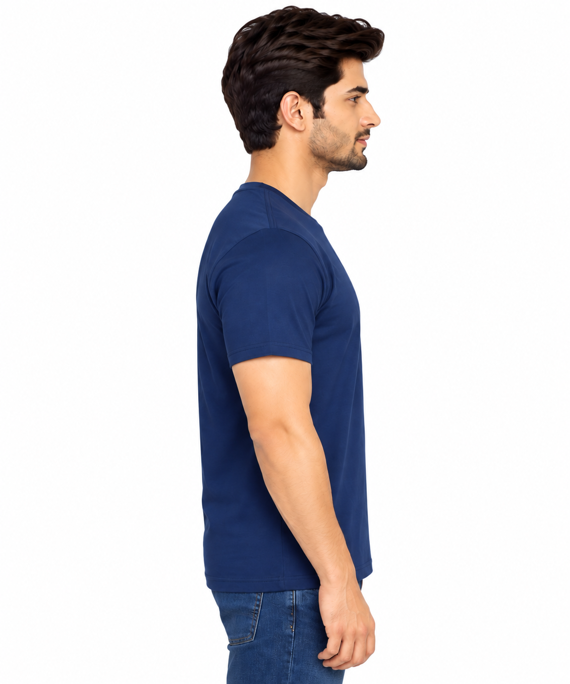Side-Profile Man in Navy T-Shirt and Jeans
